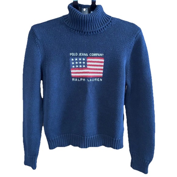 Polo Jeans Company Ralph Lauren Womens L Blue Knit Flag Turtleneck Sweater USA - Picture 2 of 8